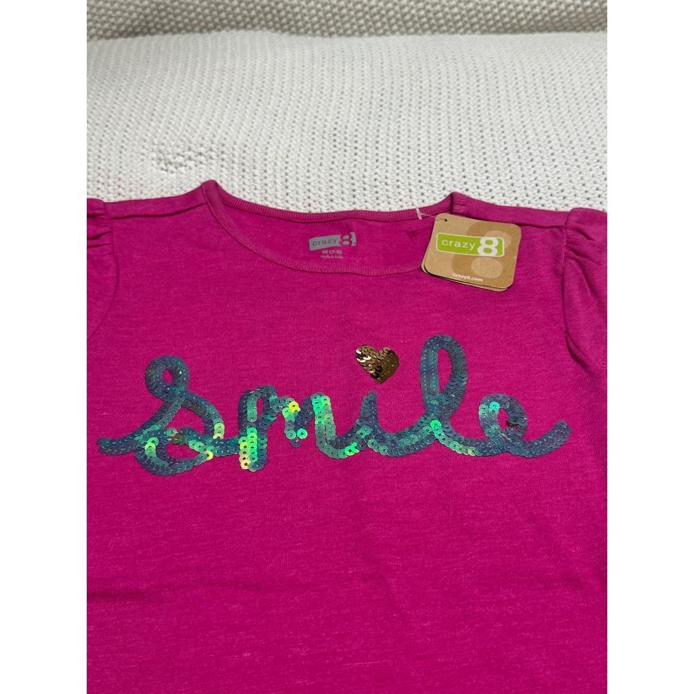Crazy 8 Girls Pink Smile Sequin Graphic T-Shirt Size M 7-8 NWT - Picture 2 of 2